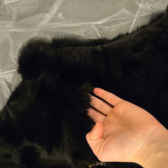 Saks Fifth Avenue Real Rabbit Fur collared black zip up down vest with collar